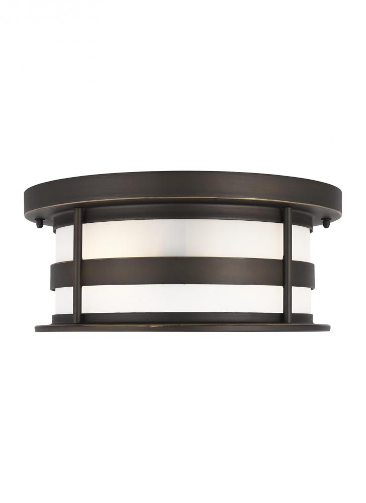 Wilburn modern 2-light outdoor exterior ceiling flush mount in antique bronze finish with satin etch