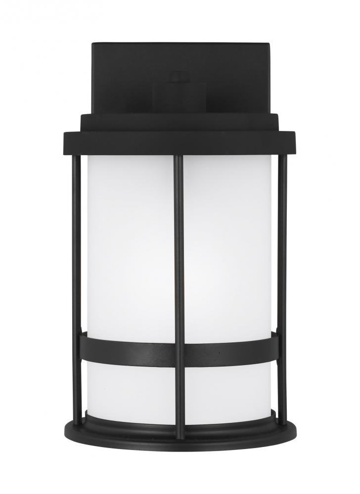 Wilburn modern 1-light outdoor exterior small wall lantern sconce in black finish with satin etched