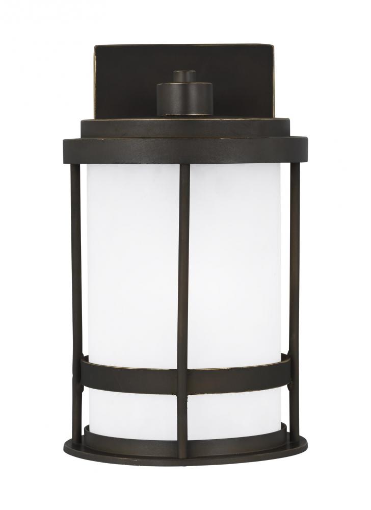 Wilburn modern 1-light outdoor exterior small wall lantern sconce in antique bronze finish with sati