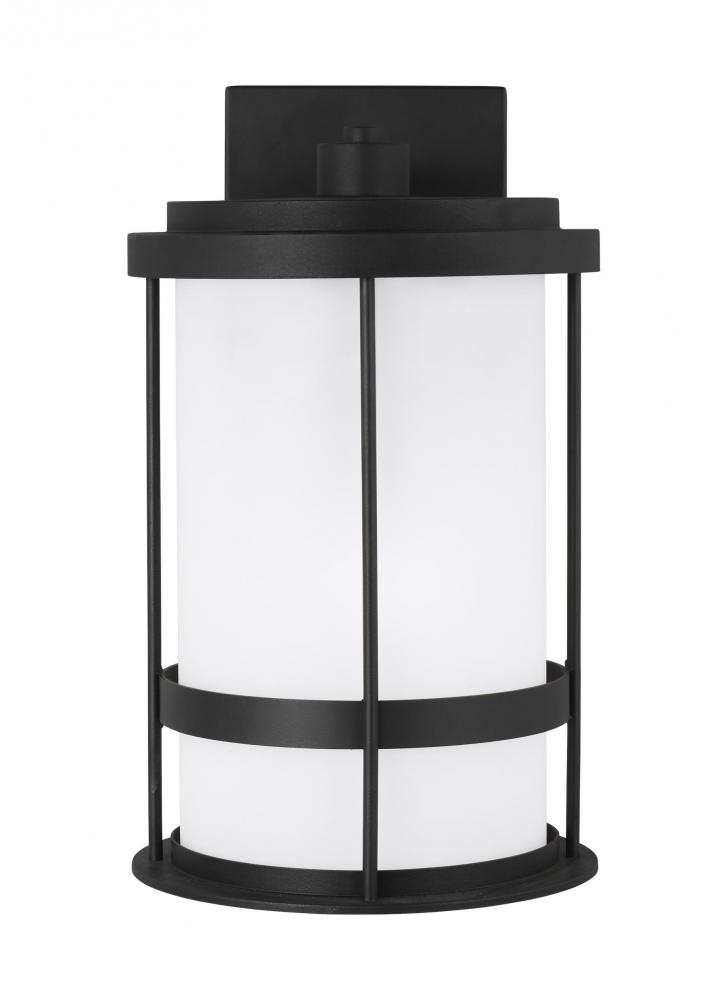 Wilburn modern 1-light outdoor exterior medium wall lantern sconce in black finish with satin etched
