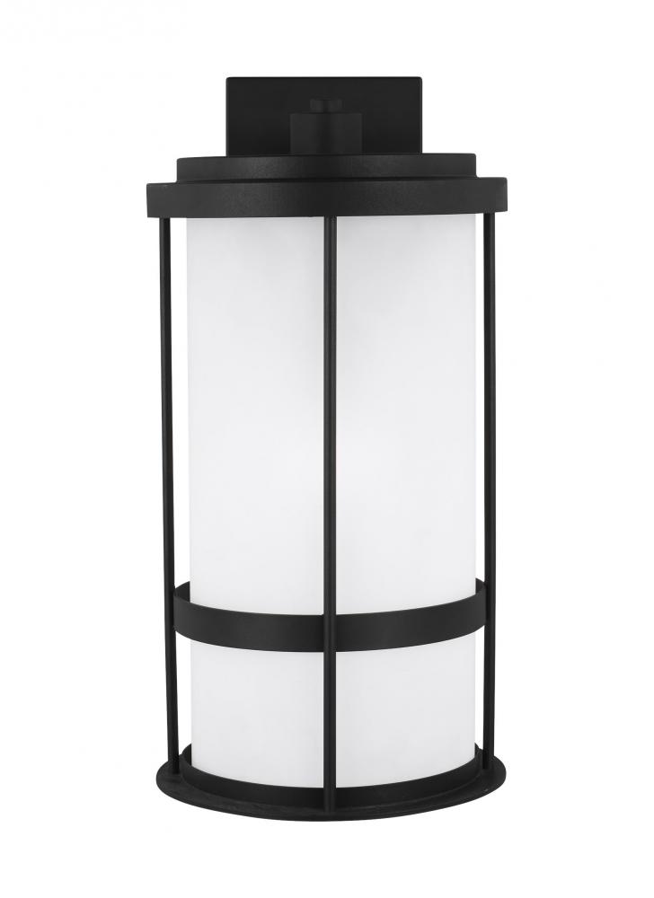Wilburn modern 1-light outdoor exterior large wall lantern sconce in black finish with satin etched
