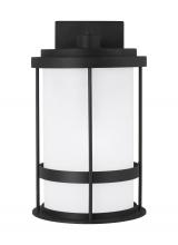 Generation Lighting 8690901-12 - Wilburn modern 1-light outdoor exterior medium wall lantern sconce in black finish with satin etched