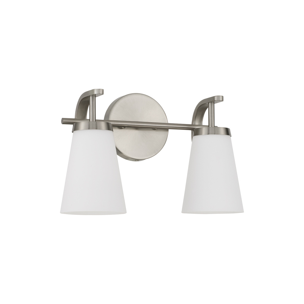 14" W x 9" H 2-Light Vanity in Brushed Nickel with Tapered Soft White Glass