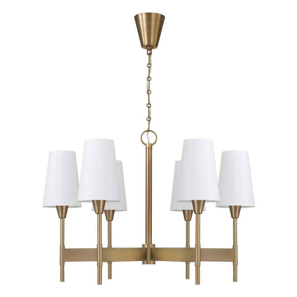 32" W x 22.75" H 6-Light Chandelier in Aged Brass with White Fabric Shades and Designer Cano