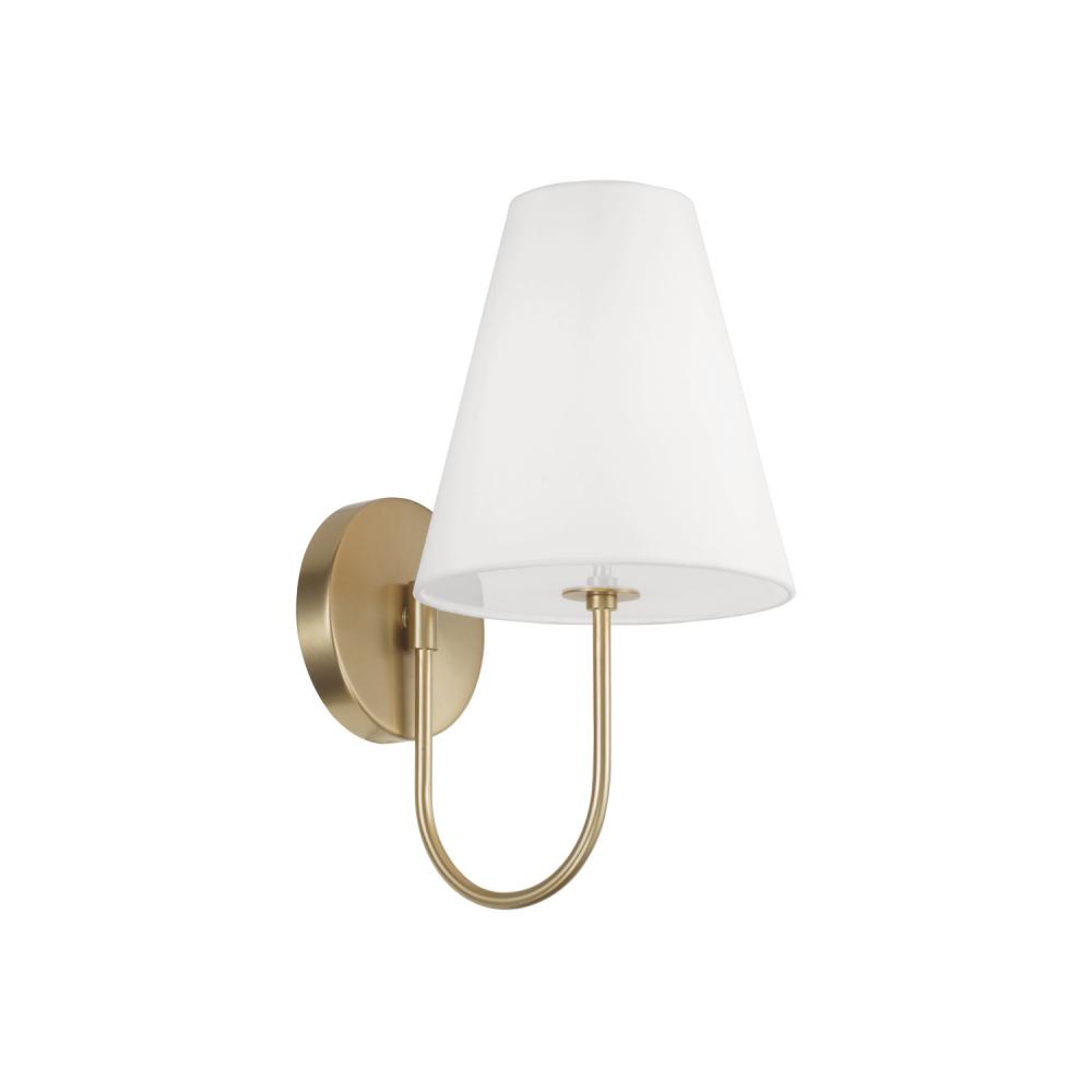 1-Light Sconce in Matte Brass with Tapered White Fabric Shade and Glass Diffuser