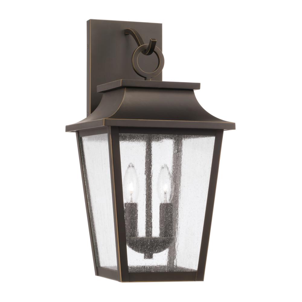 2-Light Outdoor Tapered Wall Lantern in Oiled Bronze with Ripple Glass
