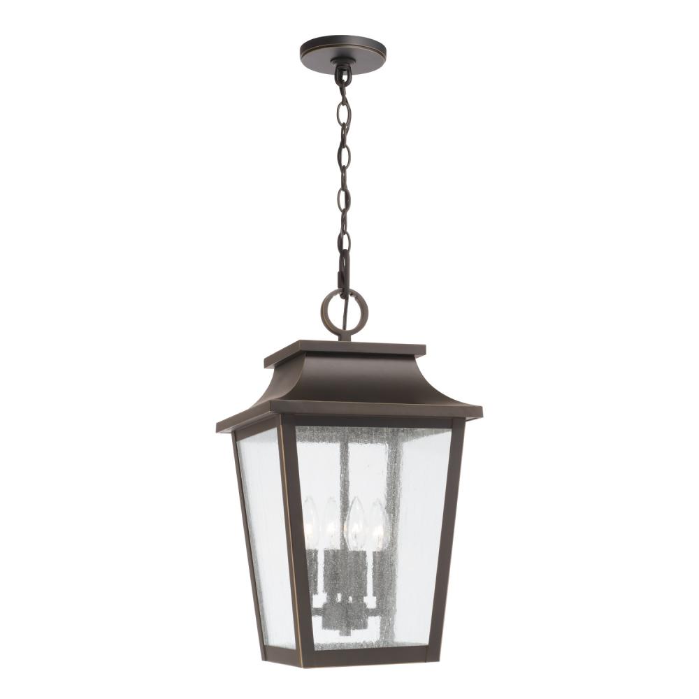 4-Light Outdoor Tapered Hanging Lantern in Oiled Bronze with Ripple Glass