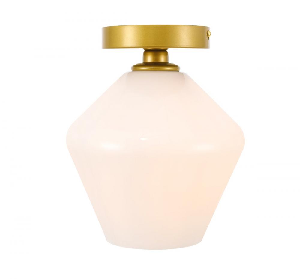 Gene 1 Light Brass and Frosted White Glass Flush Mount