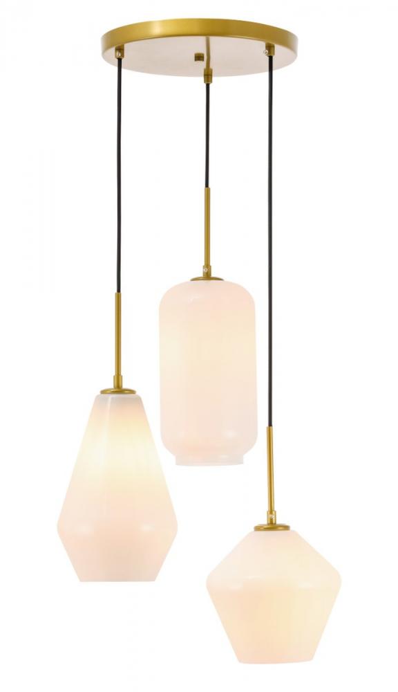 Gene 3 Light Brass and Frosted White Glass Pendant