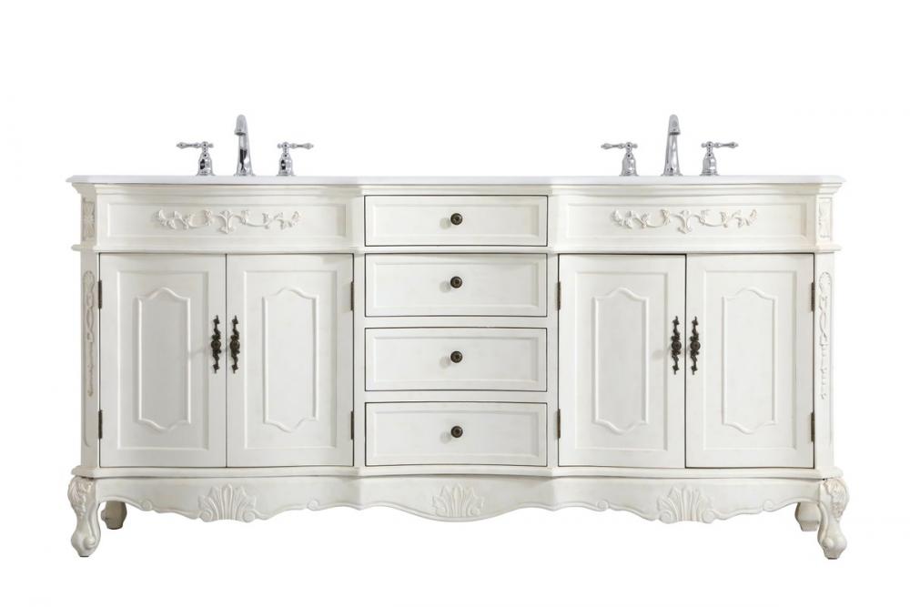 72 Inch Double Bathroom Vanity in Antique White with Ivory White Engineered Marble