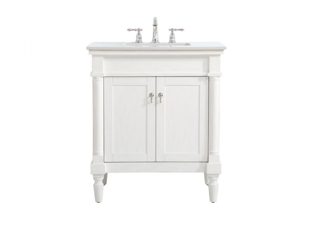 30 Inch Single Bathroom Vanity in Antique White with Ivory White Engineered Marble