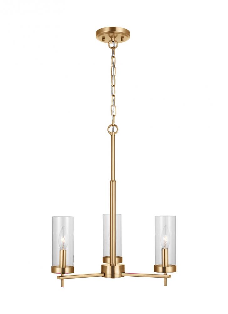 Zire dimmable indoor LED 3-light chandelier in a satin brass finish with clear glass shades