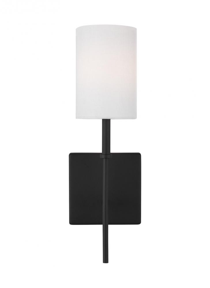 Foxdale transitional 1-light indoor dimmable bath sconce in midnight black finish with white linen f