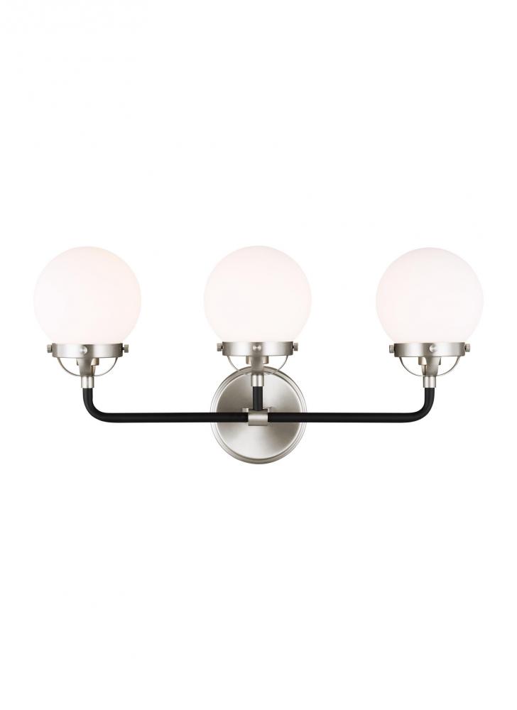 Cafe mid-century modern 3-light indoor dimmable bath vanity wall sconce in brushed nickel silver fin