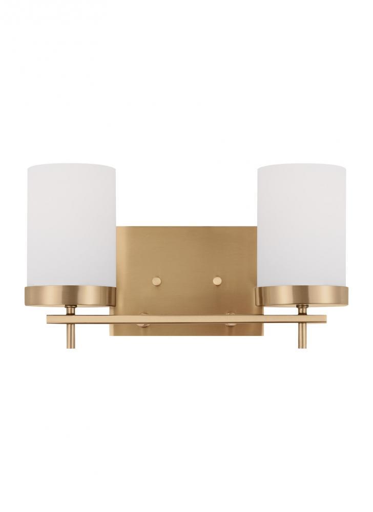 Zire dimmable indoor 2-light wall light or bath sconce in a satin brass finish with etched white gla