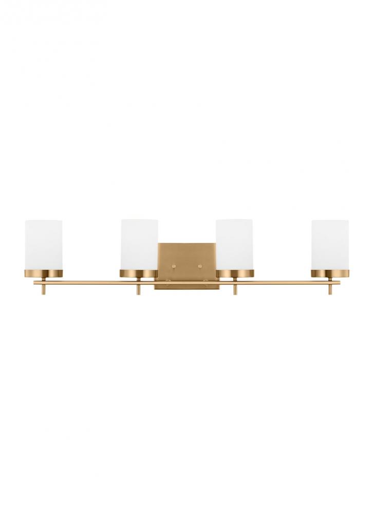 Zire dimmable indoor 4-light wall light or bath sconce in a satin brass finish with etched white gla