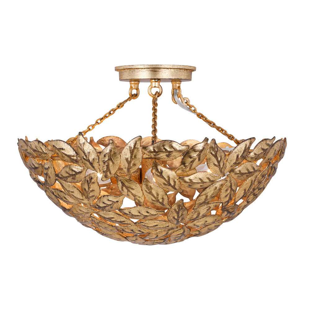 Kelan traditional dimmable indoor 3-light semi flush mount in an antique gild finish with antique gi