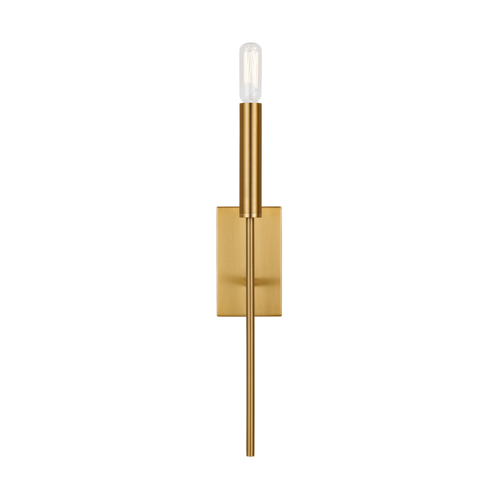 Brianna contemporary indoor dimmable 1-light tail sconce in a burnished brass finish with a white li